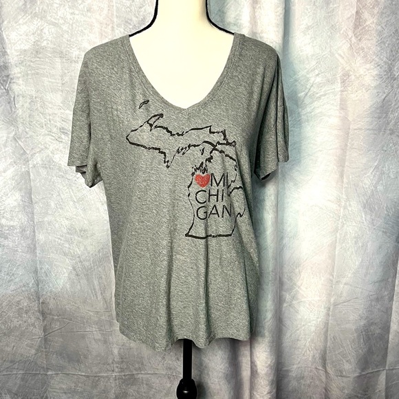 State of Mine Gray Michigan V-Neck Oversized Tee - size Medium - Picture 1 of 8
